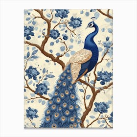Cream & Blue Vintage Floral Peacock  1 Canvas Print