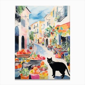 Food Market With Cats In Mallorca 4 Watercolour Canvas Print