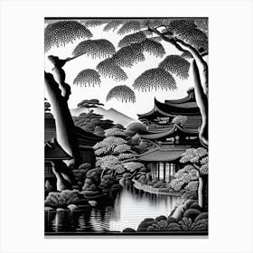 Ryoan Ji, 1, Japan Linocut Black And White Vintage Canvas Print