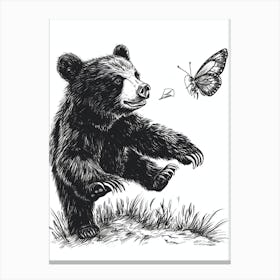 Malayan Sun Bear Cub Chasing After A Butterfly Ink Illustration 4 Canvas Print