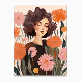 Woman With Autumnal Flowers Scabiosa Canvas Print