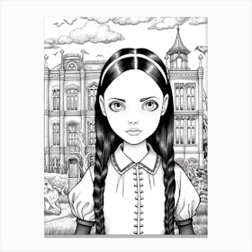 Nevermore Academy With Wednesday Addams And A Cat Line Art 3 Fan Art Canvas Print