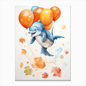 Dolphin Flying With Autumn Fall Pumpkins And Balloons Watercolour Nursery 4 Canvas Print
