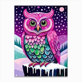 Pink Owl Snowy Landscape Painting (135) Canvas Print