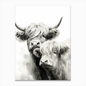 Black & White Illustration Of Highland Cow With Young Cow Canvas Print