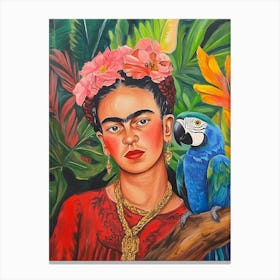 Farbenfrohe Frida Kahlo Mit Papagei Malerei, Florale Malerei Canvas Print