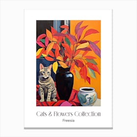 Cats & Flowers Collection Freesia Flower Vase And A Cat, A Painting In The Style Of Matisse 0 Canvas Print