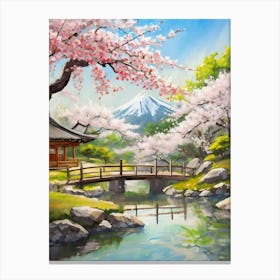 Serene Japanese Garden With Cherry Blossoms In Full Bloom Canvas Print