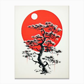 Bonsai Tree and Red Full Moon Vintage Canvas Print