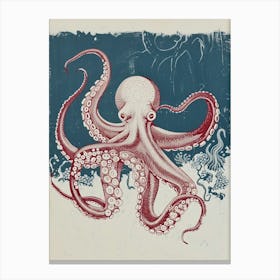 Retro Linocut Inspired Red & Navy Octopus 1 Canvas Print