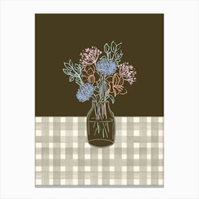 Flower bouquet gingham hand-drawn linework in taupe brown 1 Canvas Print