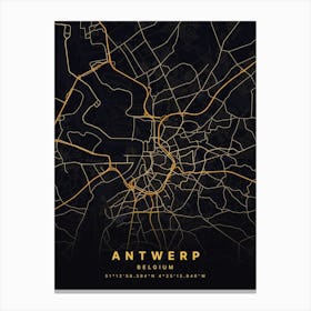 Antwerp Belgium Black And Gold Map Canvas Print