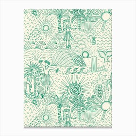 Hawaiian Toile Polynesian Hula Dance Tropical Landscape Emerald Green Cream White Canvas Print