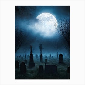 Halloween Themed Digital Painting Mist Weaving Through An Ancient Cemetery Under A Clouded Moonlit (3) Canvas Print