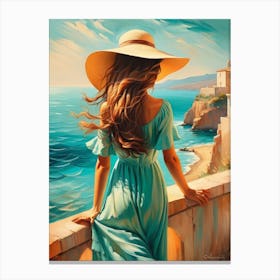 Woman in summer dress looking at the sea 10 Canvas Print