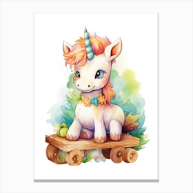 Baby Unicorn On A Toy Car, Watercolour Nursery 3 Canvas Print
