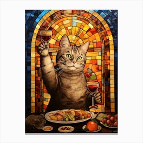 Mosaic Of A Cat Enjoying Wine At A Feast Canvas Print