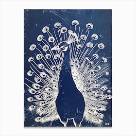 Dark Navy Peacock Linocut Inspired Canvas Print