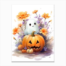 Cute Ghost With Pumpkins Halloween Watercolour 11 Canvas Print