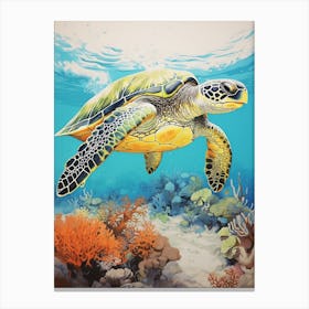 Sea Turtle In The Ocean Linograph Illustration 6 Canvas Print