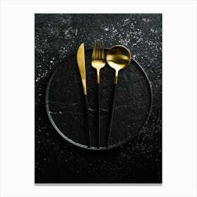 Cutlery and black plate — Food kitchen poster/blackboard, photo art Canvas Print