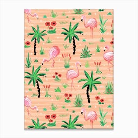 Pink Flamingos in the Water of a Tropical Island - Peach Pink Canvas Print