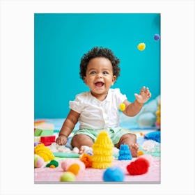 A Joyful Infant Engaging In Playful Interactions Surrounded By A Plethora Of Vivid Scattered Colo (1) Canvas Print