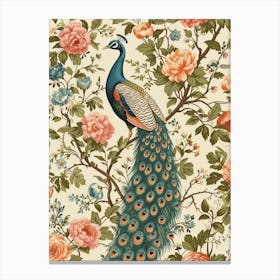 Vintage Peacock Floral Cream Wallpaper Canvas Print