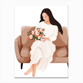 Woman Sitting On Couch With Flowers Canvas Print