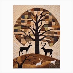 Deer's Under The Tree, American Quilting Inspired Folk Art with Earth Tones, 1383 Canvas Print