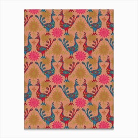 PEACOCK GARDEN Bohemian Exotic Birds in Red Blue Green Fuchsia Pink on Blush Sand Canvas Print
