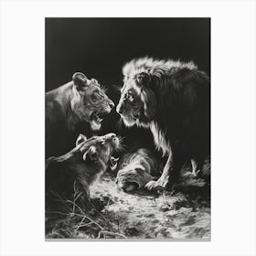 African Lion Charcoal Drawing Interaction With Other Wildlife 3 Canvas Print