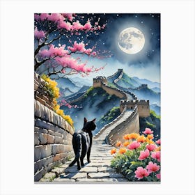 Black Cat At The Great Wall Of China - Blossom Trees in Spring Mystical Black Kitty Travels to Walk Along The 7 Wonders of the World - Enchanting Watercolor Full Moon Colorful HD Canvas Print