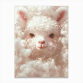 Close Up Of The Head Of A White Super Cute Baby Alpaca With Its Head Buried In White Fluffy Cotton Candy, Big Eyes, Smile Face, Cute, Pink Tone, Cute Character Design, Simplicity Of Detail, Mikko Illustrations Style Toile