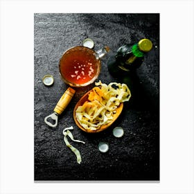 Beer in a glass mug and snacks — Food kitchen poster/blackboard, photo art Canvas Print