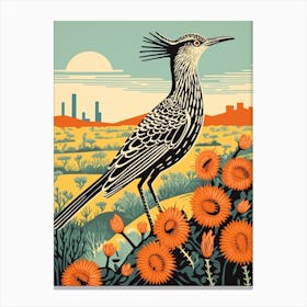 Vintage Bird Linocut Roadrunner 1 Canvas Print