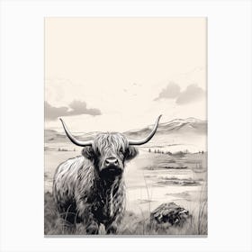 Black & White Illustration Of Highland Cow With Valley In The Distance Canvas Print