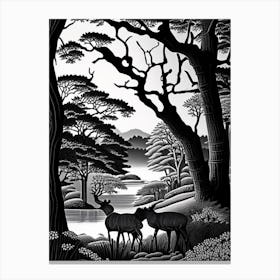 Nara Park, 1, Japan Linocut Black And White Vintage Canvas Print