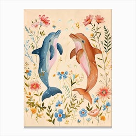 Folksy Floral Animal Drawing Dolphin Canvas Print