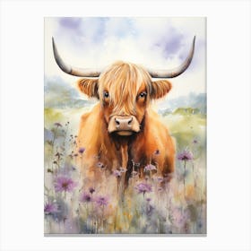 Lilac Watercolour Of Highland Cow 3 Canvas Print