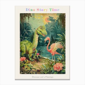 Dinosaur & Flamingo Vintage Storybook Painting Poster Canvas Print