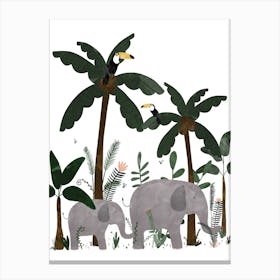 Elephants In The Jungle Green & Grey Canvas Print