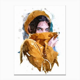 Watercolor Of A Woman In Yellow Coat Canvas Print