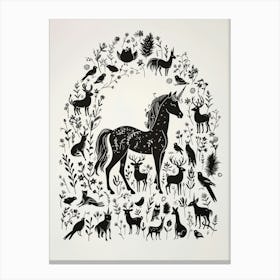 Unicorn With Woodland Animal Friends Black & White Illustration 1 Canvas Print