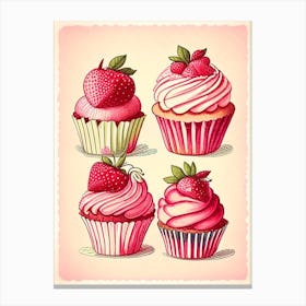 Strawberry Cupcakes, Dessert, Food Vintage Sketch Canvas Print