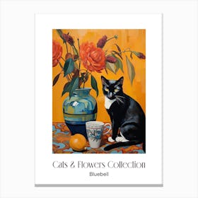 Cats & Flowers Collection Bluebell Flower Vase And A Cat, A Painting In The Style Of Matisse 1 Canvas Print