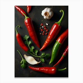 Hot Peppers On Black Background Canvas Print