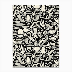 Underwater Mermaids and Sea Life Block Print White on Black Kids Canvas Print