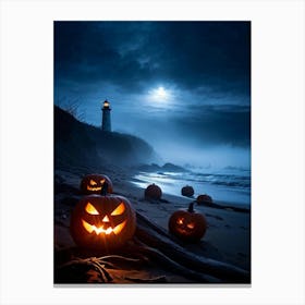 Jack O Lanterns Emanating Ethereal Glow Arrayed On A Shadowy Beach Misty Coastal Backdrop Myster (6) Canvas Print