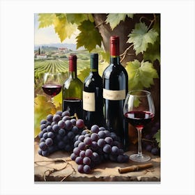 Vines,Black Grapes And Wine Bottles Painting (10) Canvas Print